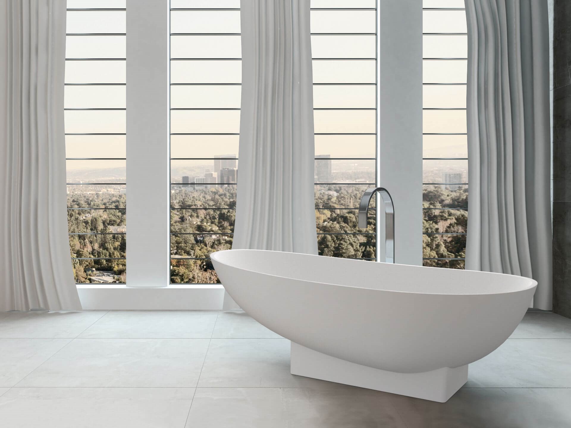 Miljøbilde frittstående badekar. Copenhagen fra Interform. Badekar midt på gulv med store vinduer.